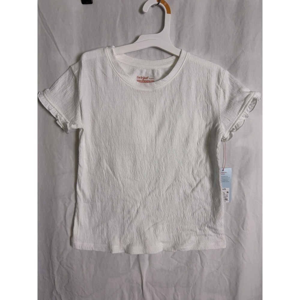 Cat Jack Girls White Ruffled Short Sleeve Textured Top Sz S 6/7 NWT